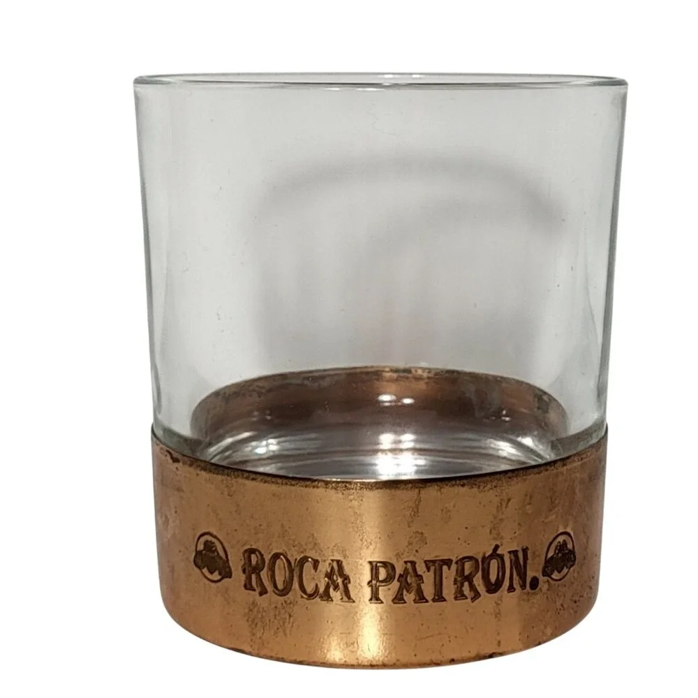 Roca Patron Tequila Rocks Glass Copper Base Metal Wrap Barware Bee Logo